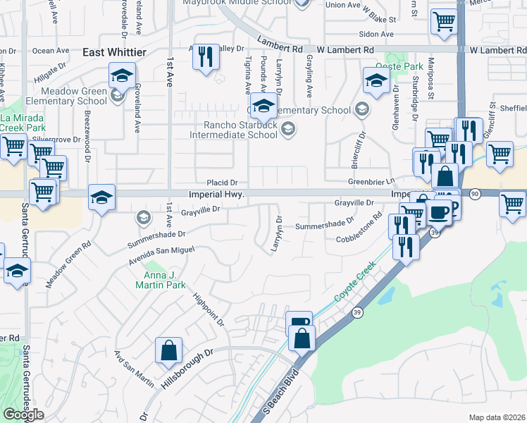 map of restaurants, bars, coffee shops, grocery stores, and more near 12710 Spindlewood Drive in La Mirada