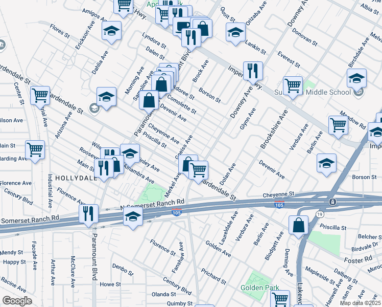 map of restaurants, bars, coffee shops, grocery stores, and more near 8222 Cheyenne Avenue in Downey