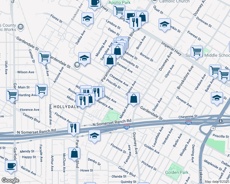 map of restaurants, bars, coffee shops, grocery stores, and more near 8107 Gardendale Street in Downey