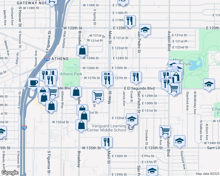 map of restaurants, bars, coffee shops, grocery stores, and more near 2 East El Segundo Boulevard in Los Angeles