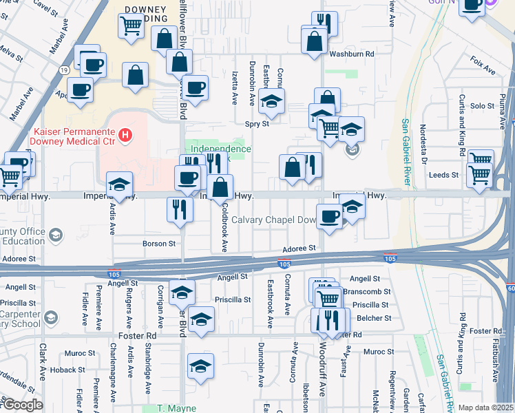 map of restaurants, bars, coffee shops, grocery stores, and more near 12612 Dunrobin Avenue in Downey
