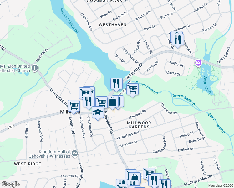 map of restaurants, bars, coffee shops, grocery stores, and more near 1100 West Liberty Street in Sumter