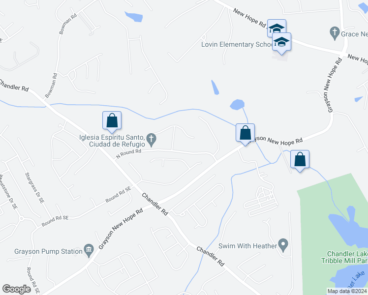 map of restaurants, bars, coffee shops, grocery stores, and more near 1790 North Round Road in Lawrenceville