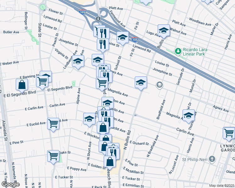 map of restaurants, bars, coffee shops, grocery stores, and more near 3564 Magnolia Avenue in Lynwood