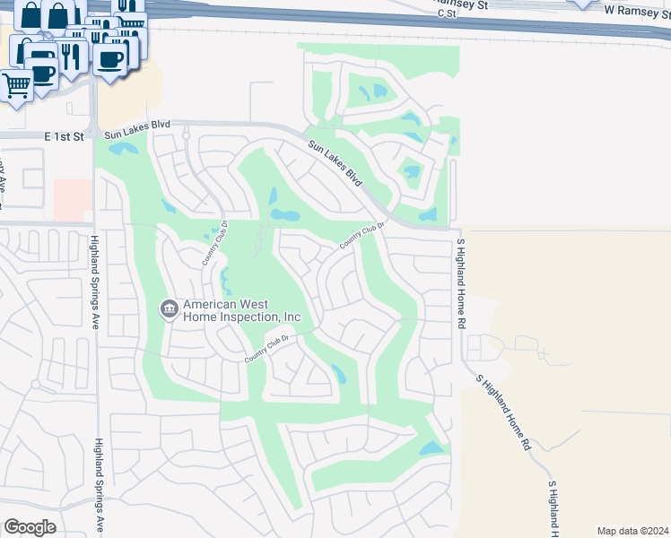 map of restaurants, bars, coffee shops, grocery stores, and more near 912 Oakland Hills Drive in Banning