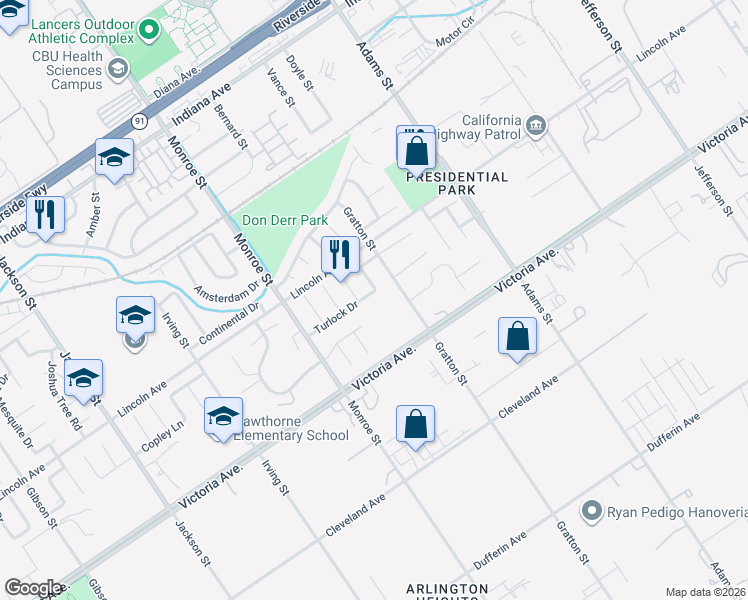 map of restaurants, bars, coffee shops, grocery stores, and more near 2802 Gratton Street in Riverside
