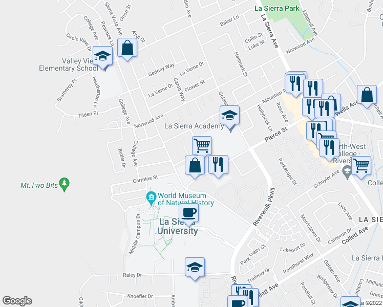 map of restaurants, bars, coffee shops, grocery stores, and more near 11517 Anacapa Place in Riverside