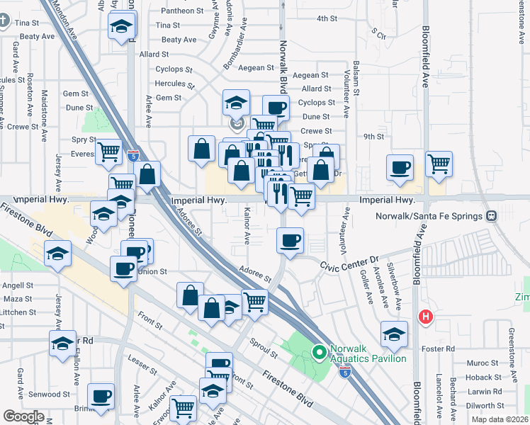 map of restaurants, bars, coffee shops, grocery stores, and more near 12128 Imperial Highway in Norwalk