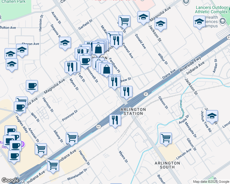 map of restaurants, bars, coffee shops, grocery stores, and more near 3564 Van Buren Boulevard in Riverside