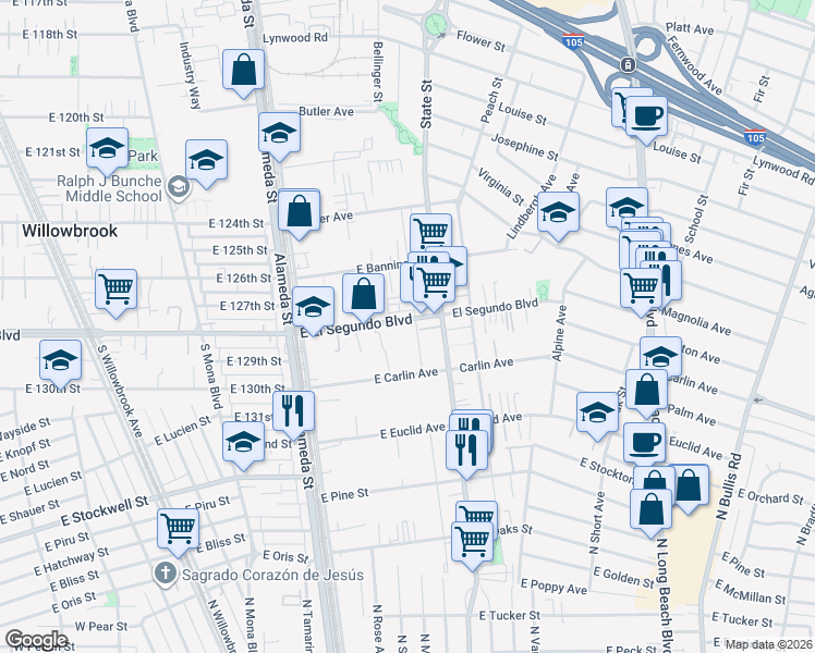 map of restaurants, bars, coffee shops, grocery stores, and more near 530 East El Segundo Boulevard in Compton