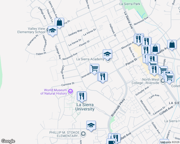 map of restaurants, bars, coffee shops, grocery stores, and more near 4952 Tulsa Avenue in Riverside