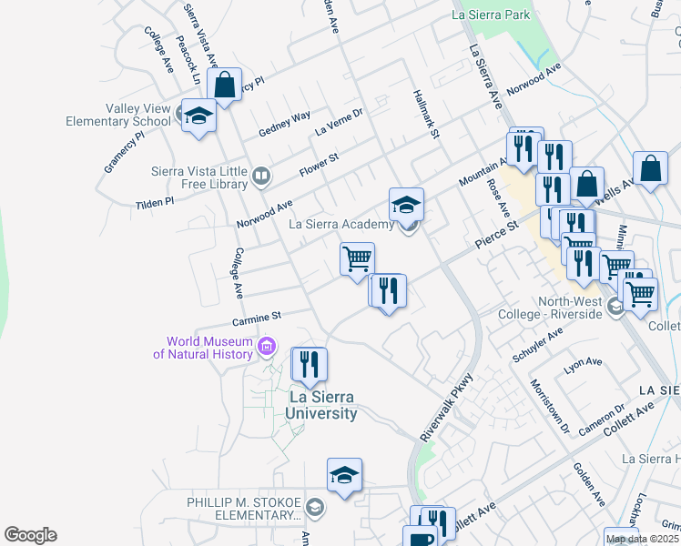 map of restaurants, bars, coffee shops, grocery stores, and more near 11517 Anacapa Place in Riverside