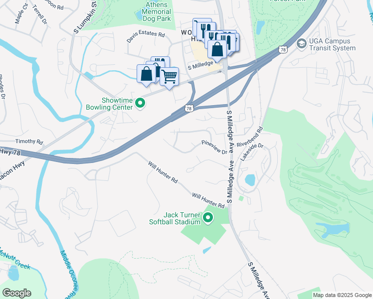 map of restaurants, bars, coffee shops, grocery stores, and more near 210 Pineview Drive in Athens