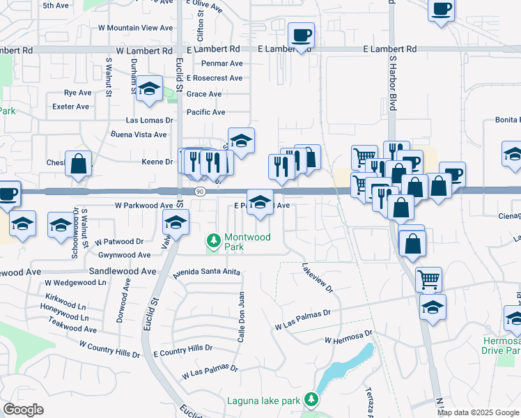 map of restaurants, bars, coffee shops, grocery stores, and more near 1230 Lynwood Street in La Habra