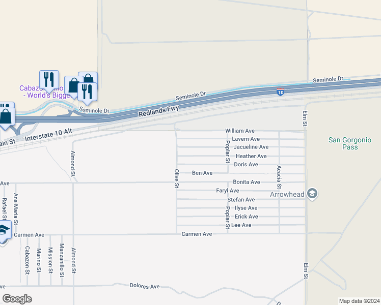 map of restaurants, bars, coffee shops, grocery stores, and more near Jacueline Avenue in Cabazon