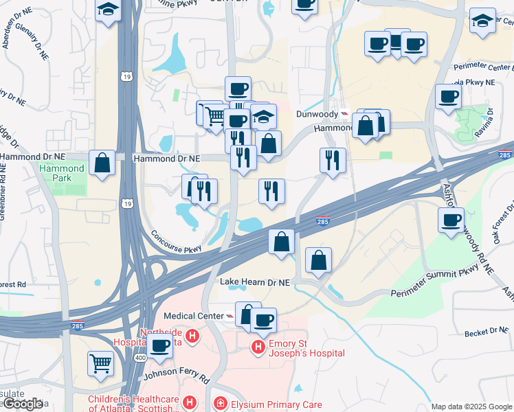 map of restaurants, bars, coffee shops, grocery stores, and more near 5901 Peachtree Dunwoody Road in Sandy Springs