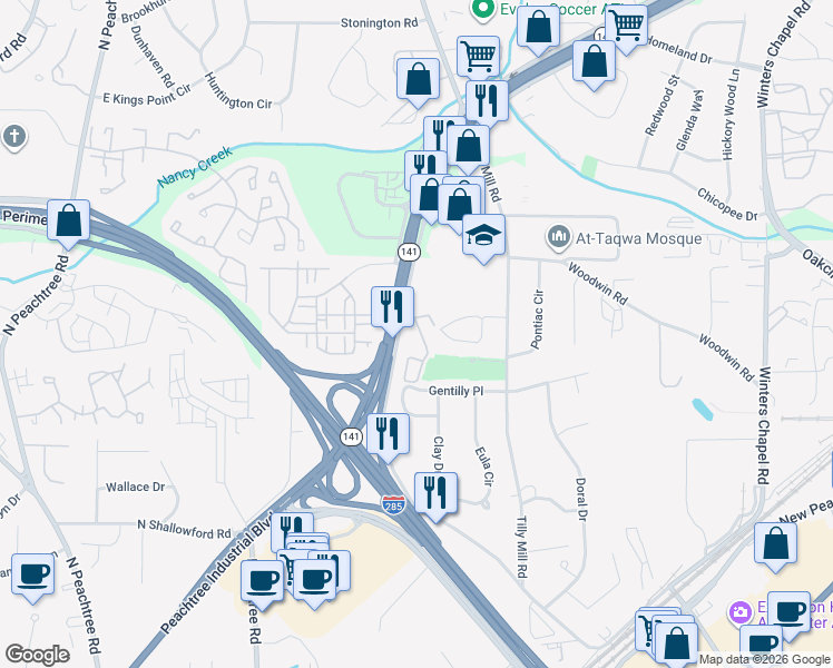 map of restaurants, bars, coffee shops, grocery stores, and more near 2612 Avery Park Circle in Doraville