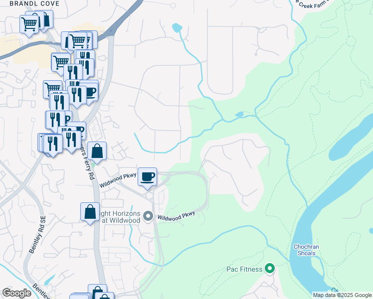 map of restaurants, bars, coffee shops, grocery stores, and more near 1463 Pebble Creek Road Southeast in Marietta