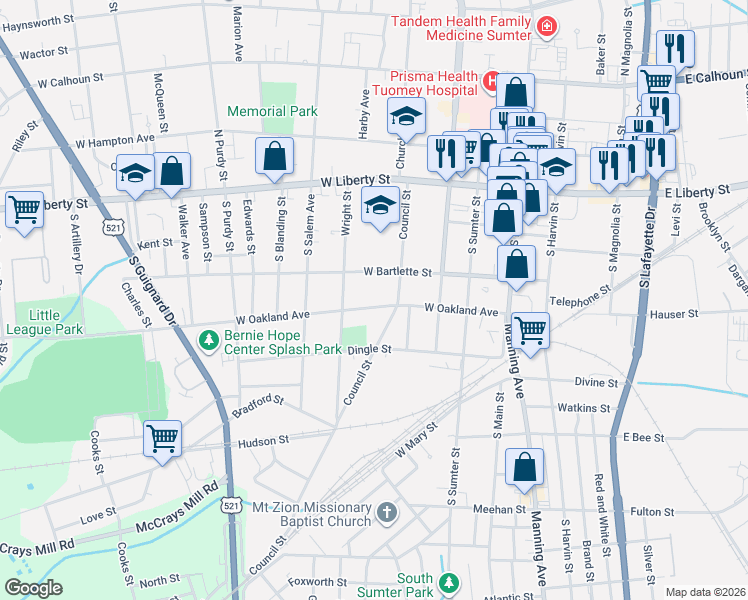 map of restaurants, bars, coffee shops, grocery stores, and more near 311 West Oakland Avenue in Sumter