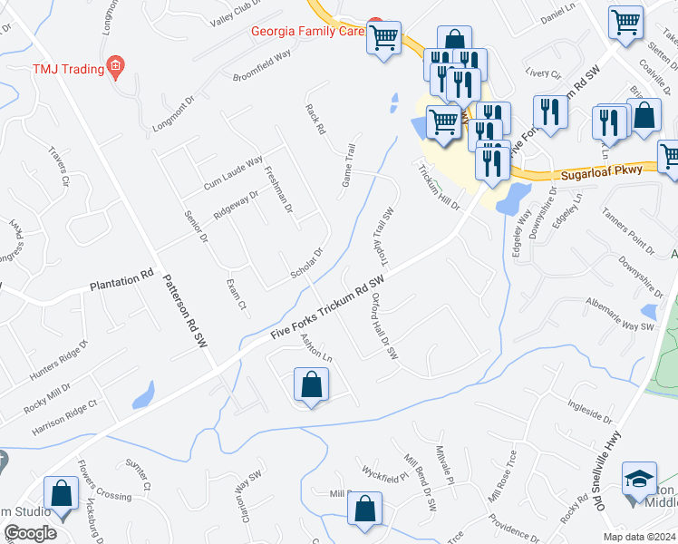 map of restaurants, bars, coffee shops, grocery stores, and more near 563 Learning Court Southwest in Lawrenceville