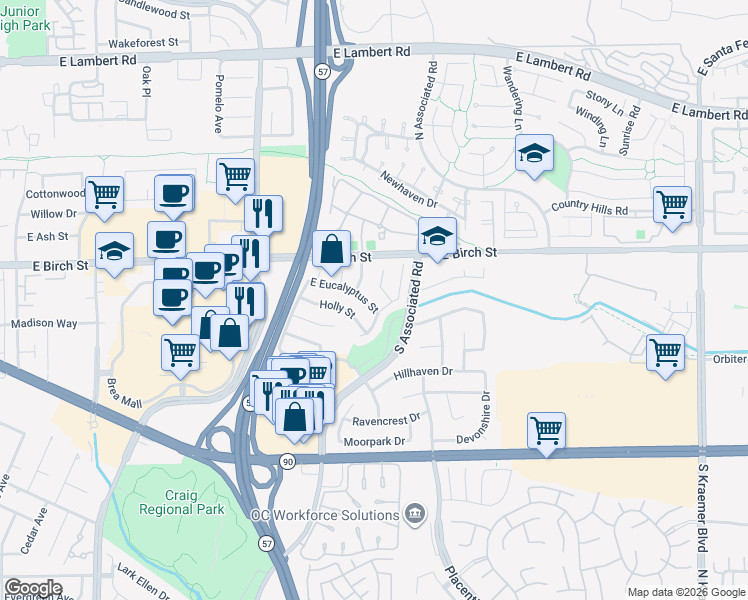map of restaurants, bars, coffee shops, grocery stores, and more near 275 Camphor Circle in Brea