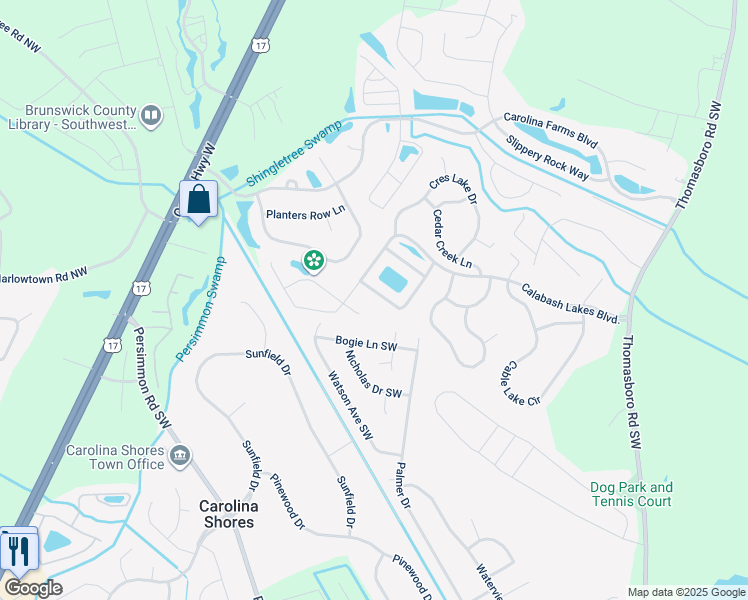 map of restaurants, bars, coffee shops, grocery stores, and more near 1987 Coleman Lake Drive in Calabash