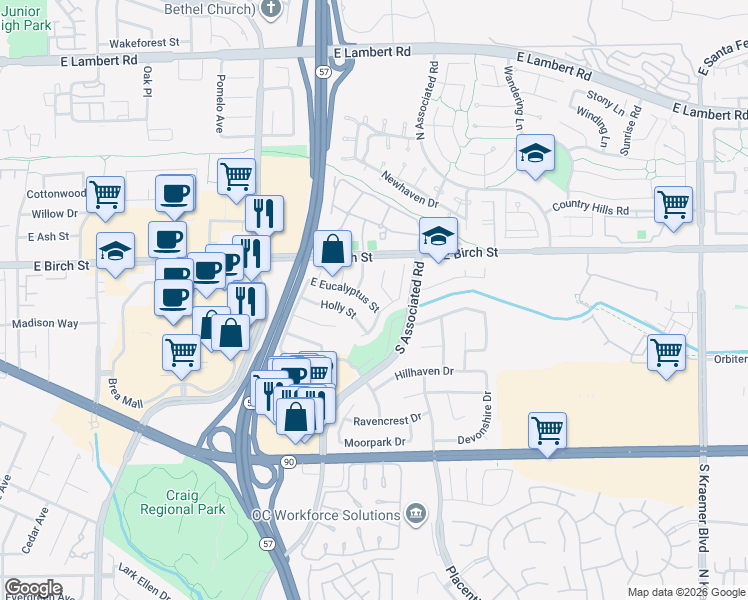 map of restaurants, bars, coffee shops, grocery stores, and more near 1761 East Eucalyptus Street in Brea