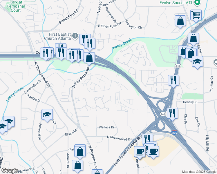 map of restaurants, bars, coffee shops, grocery stores, and more near 4275 Perimeter Park East in Atlanta