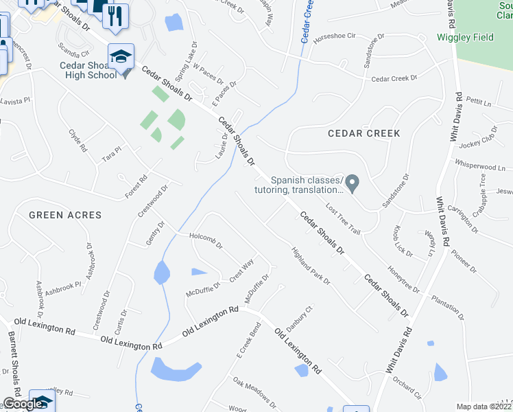 map of restaurants, bars, coffee shops, grocery stores, and more near 126 Highland Park Drive in Athens