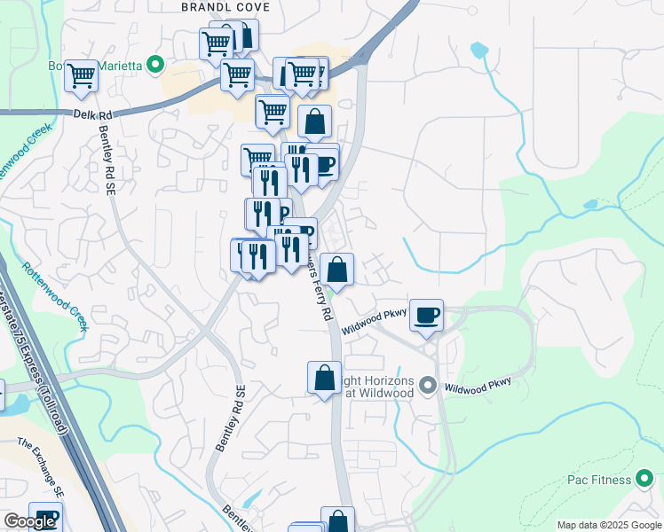 map of restaurants, bars, coffee shops, grocery stores, and more near 3008 Balearic Drive Southeast in Marietta