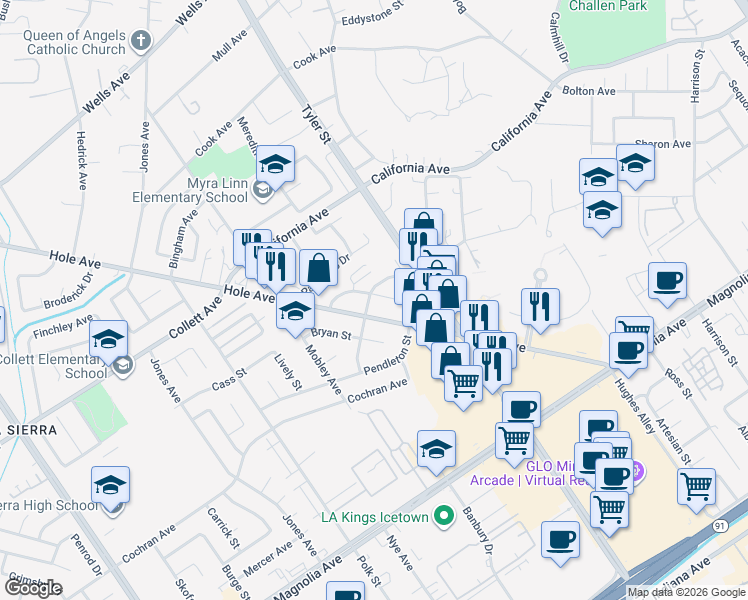 map of restaurants, bars, coffee shops, grocery stores, and more near 10396 Wagner Way in Riverside