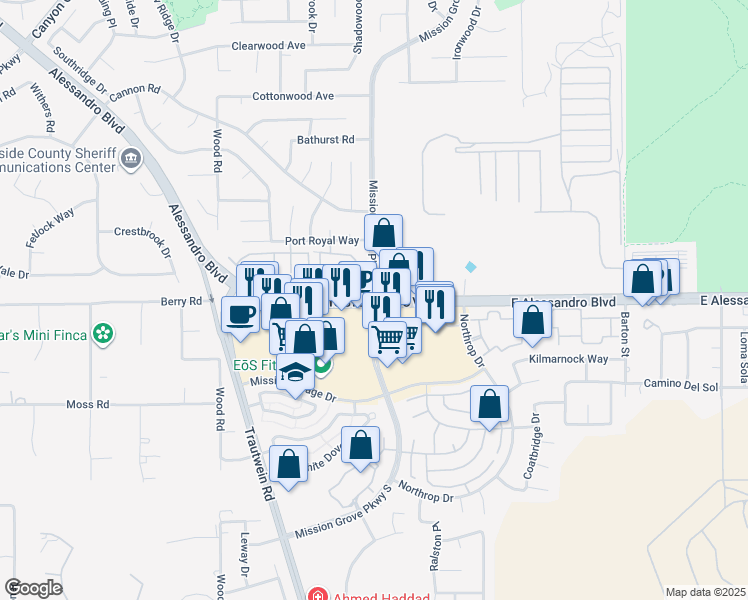 map of restaurants, bars, coffee shops, grocery stores, and more near Alessandro Boulevard in Riverside