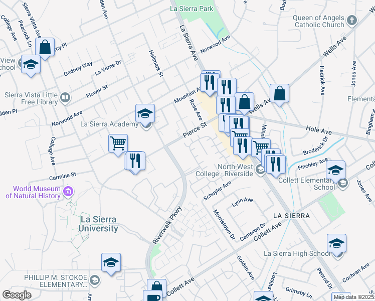 map of restaurants, bars, coffee shops, grocery stores, and more near 4820 Parkscape Drive in Riverside