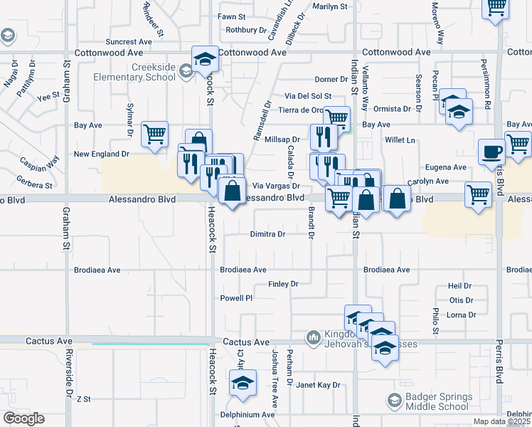 map of restaurants, bars, coffee shops, grocery stores, and more near 24147 Mount Russell Drive in Moreno Valley