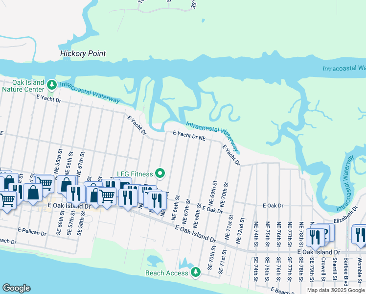 map of restaurants, bars, coffee shops, grocery stores, and more near 251 Northeast 66th Street in Oak Island