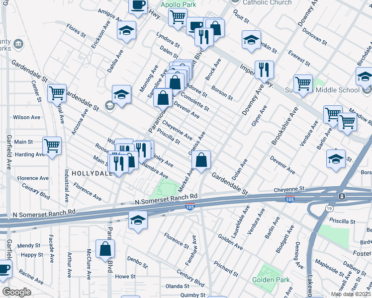 map of restaurants, bars, coffee shops, grocery stores, and more near 8142 Priscilla Street in Downey