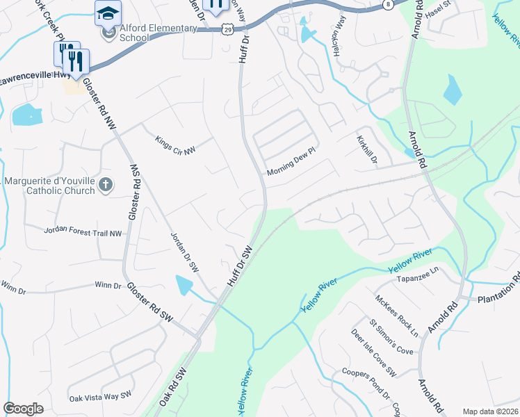 map of restaurants, bars, coffee shops, grocery stores, and more near 2522 Gloster Mill Drive Southwest in Lawrenceville
