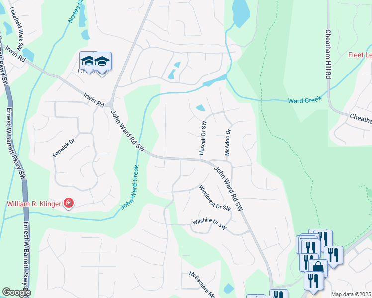 map of restaurants, bars, coffee shops, grocery stores, and more near 1533 John Ward Road Southwest in Marietta