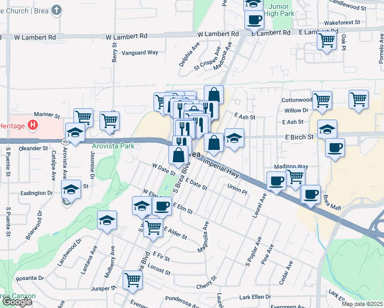 map of restaurants, bars, coffee shops, grocery stores, and more near in Brea