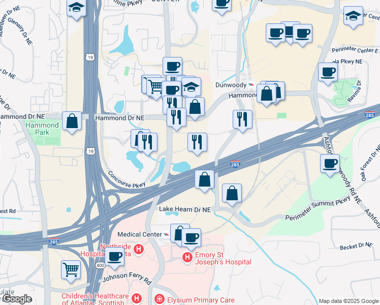 map of restaurants, bars, coffee shops, grocery stores, and more near 5901 Peachtree Dunwoody Road in Atlanta