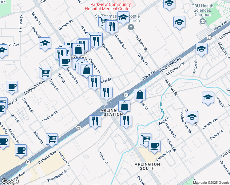 map of restaurants, bars, coffee shops, grocery stores, and more near 3493 Farnham Place in Riverside