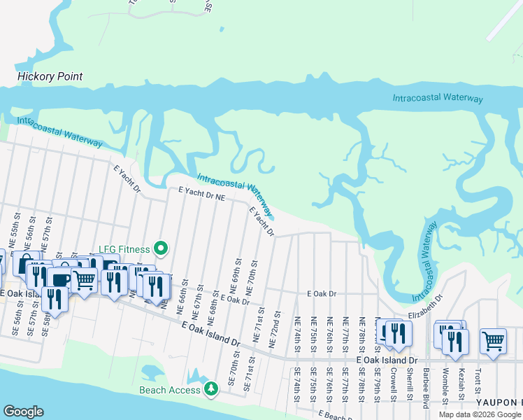 map of restaurants, bars, coffee shops, grocery stores, and more near 6908 East Yacht Drive in Oak Island
