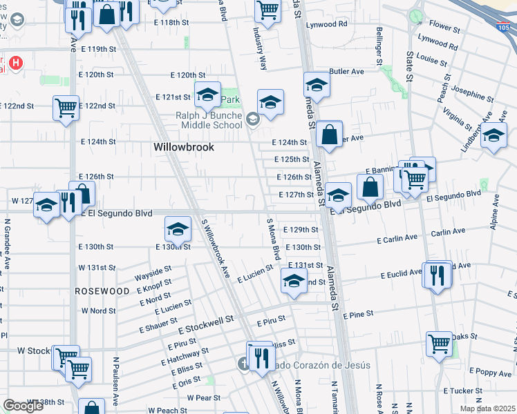map of restaurants, bars, coffee shops, grocery stores, and more near 12716 South Mona Boulevard in Compton