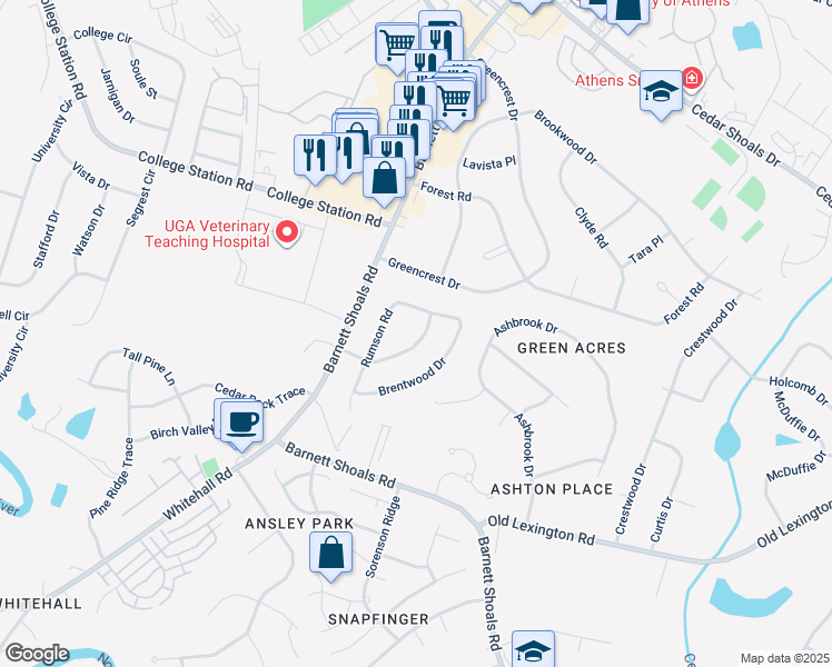 map of restaurants, bars, coffee shops, grocery stores, and more near 275 Clarke Drive in Athens
