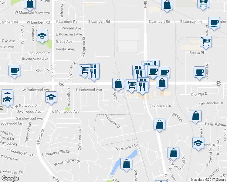 map of restaurants, bars, coffee shops, grocery stores, and more near 1214 Devonshire Lane in La Habra