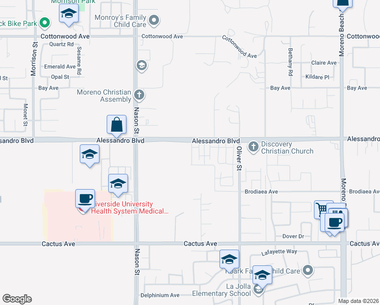 map of restaurants, bars, coffee shops, grocery stores, and more near 14041 Larissa Street in Moreno Valley