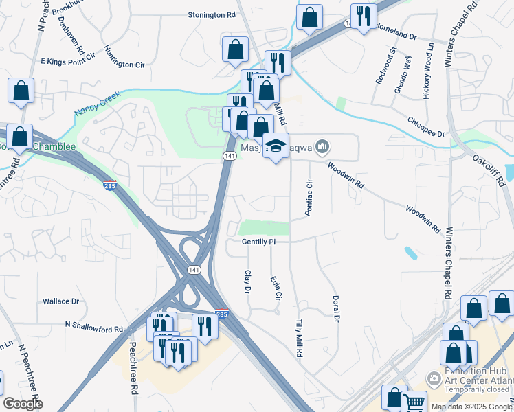 map of restaurants, bars, coffee shops, grocery stores, and more near 2571 Valley Stream Drive in Doraville