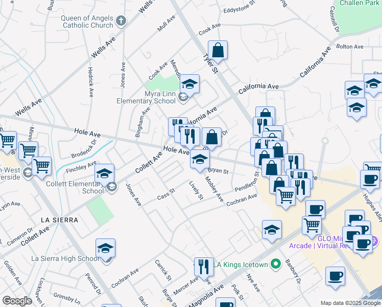 map of restaurants, bars, coffee shops, grocery stores, and more near 10509 Hole Avenue in Riverside