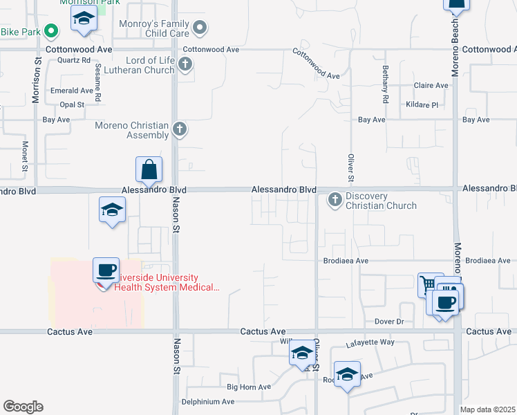 map of restaurants, bars, coffee shops, grocery stores, and more near 14043 Carina Street in Moreno Valley