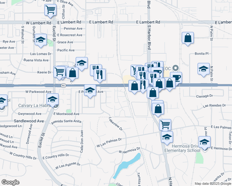 map of restaurants, bars, coffee shops, grocery stores, and more near 1214 Devonshire Lane in La Habra